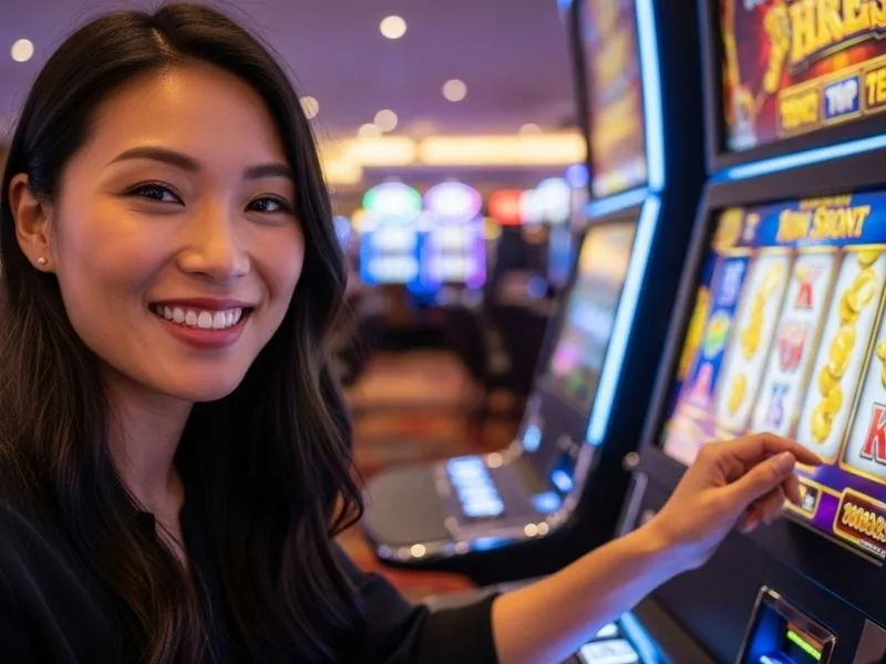 Joyful woman playing slot machines at a physical casino, enjoying her time at Casino Caliente Sport.