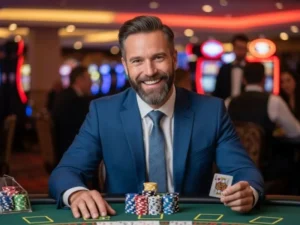 Man happily playing poker at a casino table in a physical casino, enjoying the games offered by Casino Caliente Sport.
