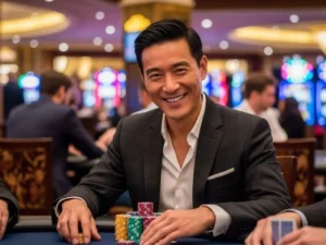 Happy man playing poker with chips at a casino in Iloilo