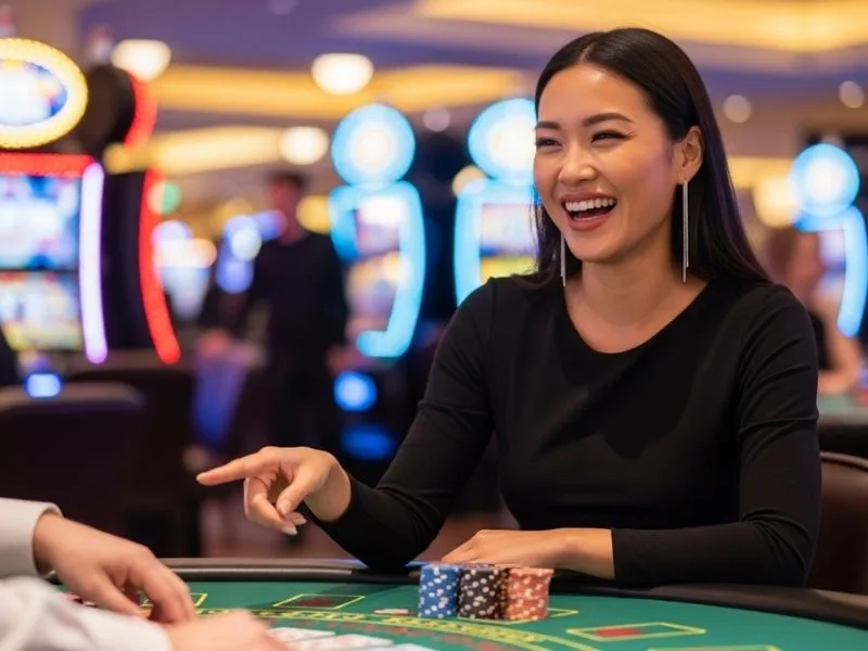 Woman happily laughing while playing baccarat at a casino in Iloilo