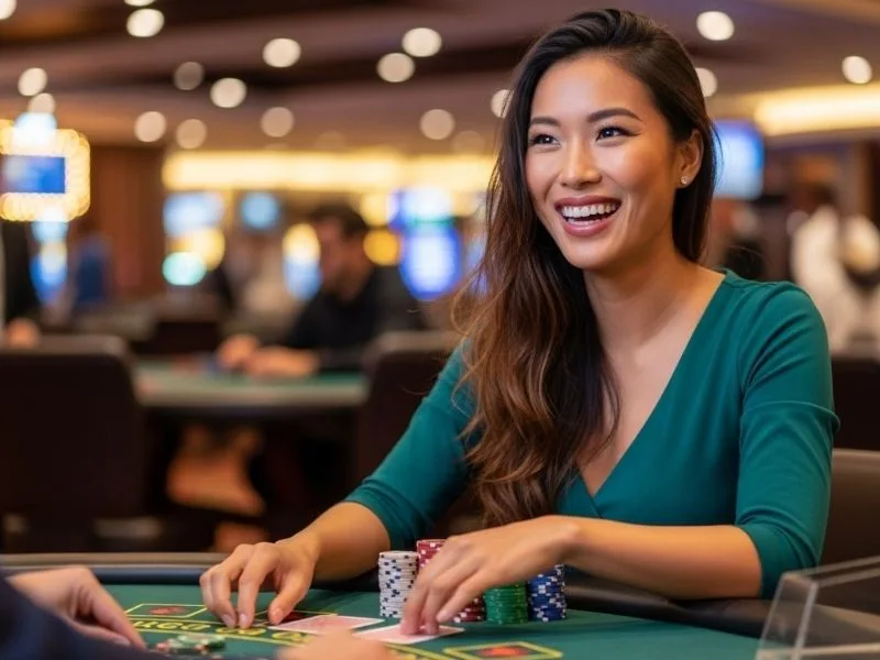 Woman smiling while placing bets at a poker table in a casino in Iloilo.