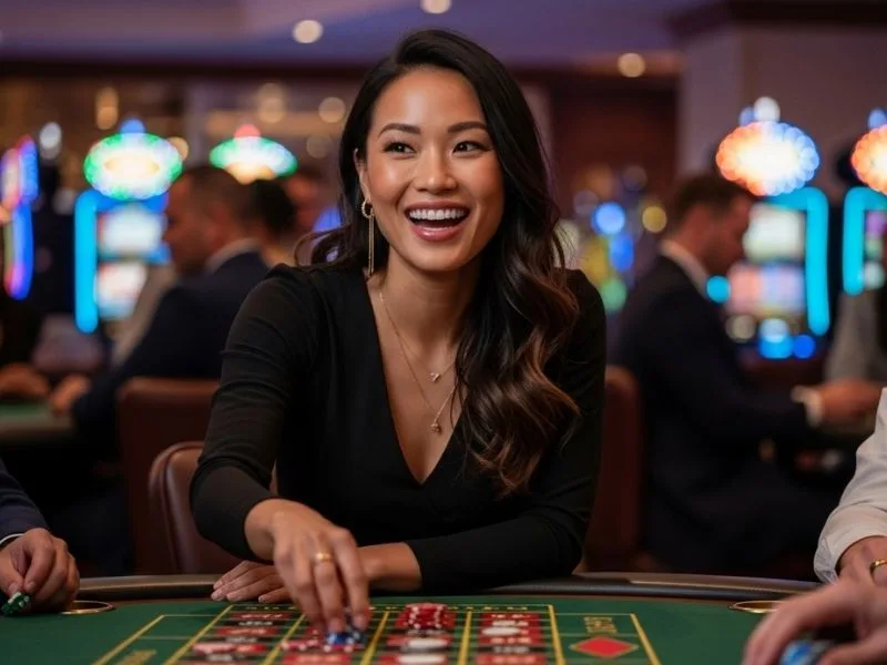 Woman laughing while playing roulette at a casino in Makati, enjoying her gaming experience.