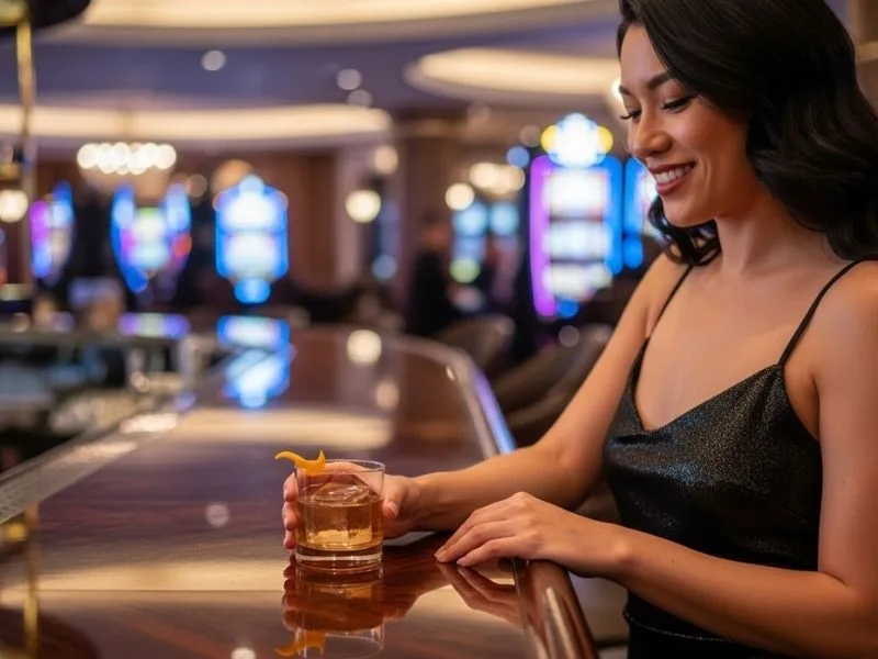 Smiling woman enjoying a game at a casino in Makati with chips on the table