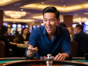 Smiling man enjoying a roulette game at a casino in Makati, having fun with chips on the table.