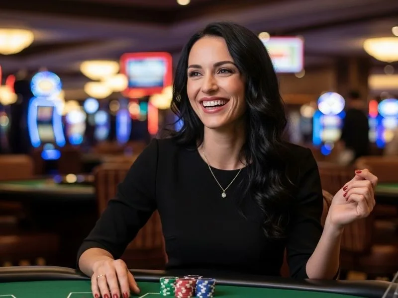 Woman laughing while playing table games at a physical casino in Makati, enjoying her casino experience.