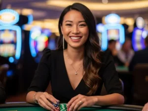 Happy woman playing at a casino table with poker chips, enjoying her winnings at a casino model