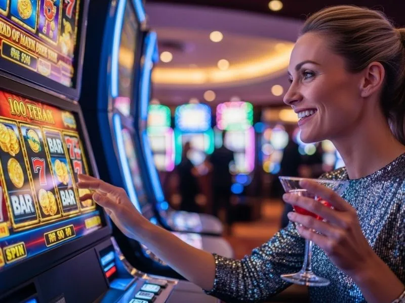 Joyful woman playing slot machines in a physical casino, enjoying her winnings at Casino Model