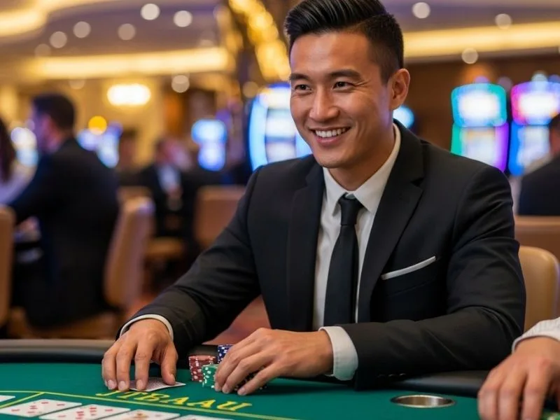 Man cheerfully playing poker at a casino table, enjoying his time at a casino model.