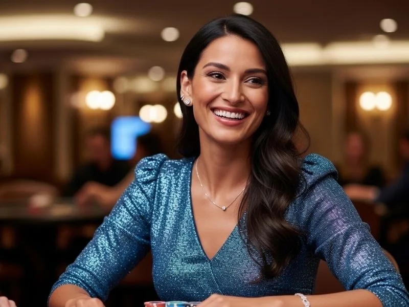 Woman smiling while playing at a casino table with chips in hand, enjoying a real-life casino experience with Casino Model.