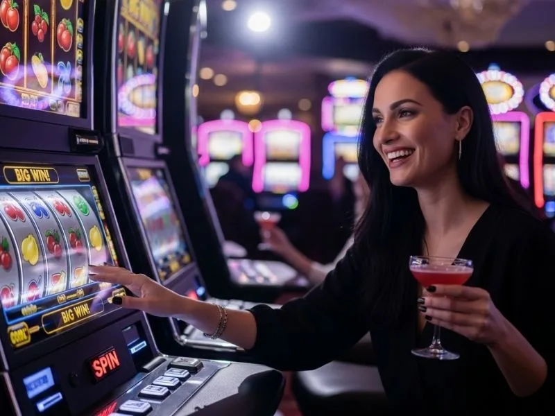 Joyful woman playing slot machines in a casino, enjoying the thrill of gaming at CSMBet online casino.
