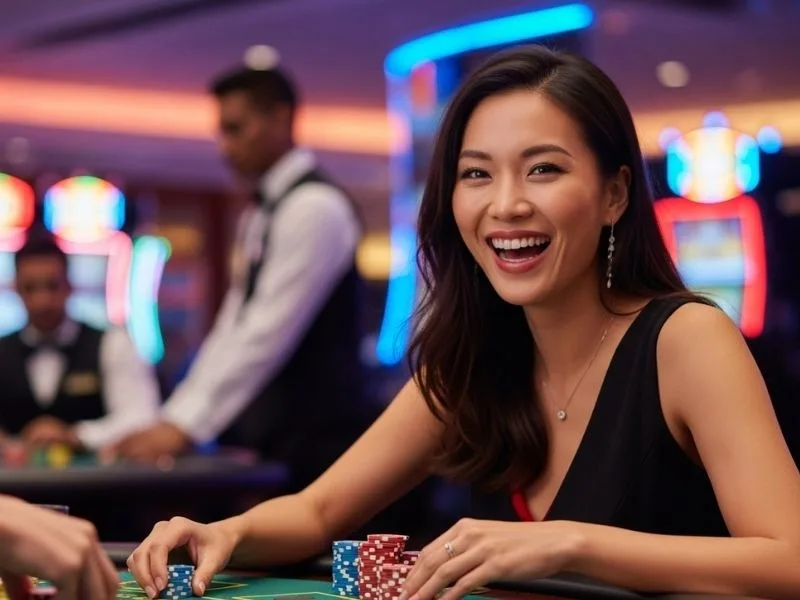 Woman smiling while placing chips on a casino table at CSMBET online casino