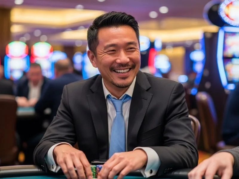 Man cheerfully playing table games at a casino, enjoying his time at CSMBET online casino.