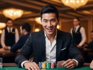 Man happily playing poker at a casino table, enjoying his game; related to CSMBET online casino.