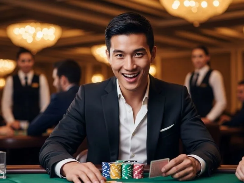 Man happily playing poker at a casino table, enjoying his game; related to CSMBET online casino.