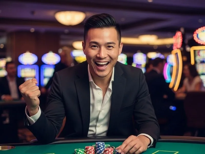 Happy man playing a table game at a casino, enjoying his winnings at FC178 Online Casino.