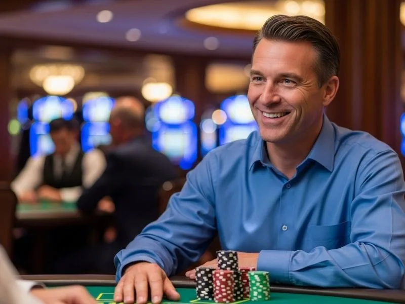 Happy man stacking chips at a casino table, enjoying his win at FC178 Online Casino