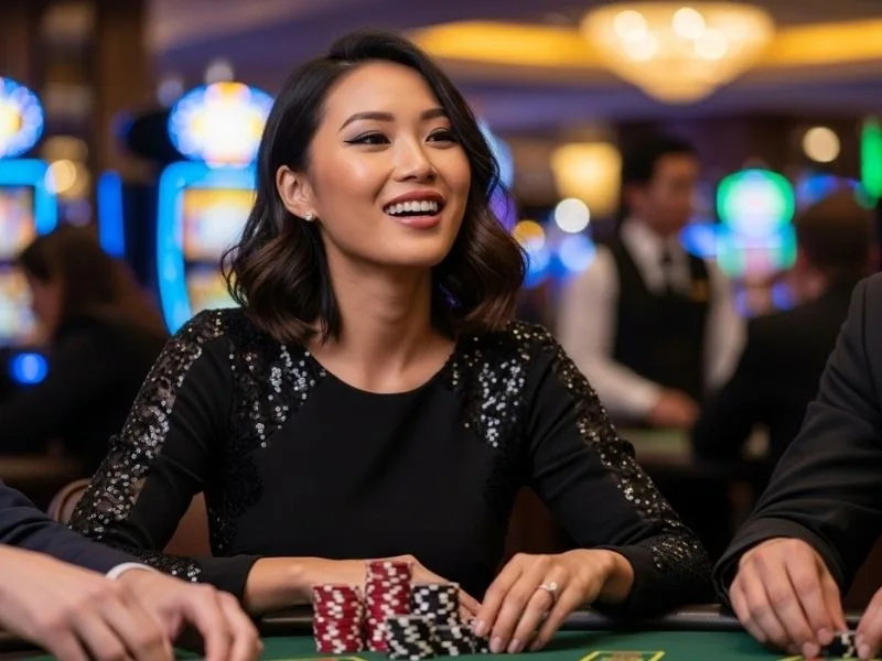 Happy woman enjoying a game of poker at a casino table with chips, representing FC178 Online Casino experience.
