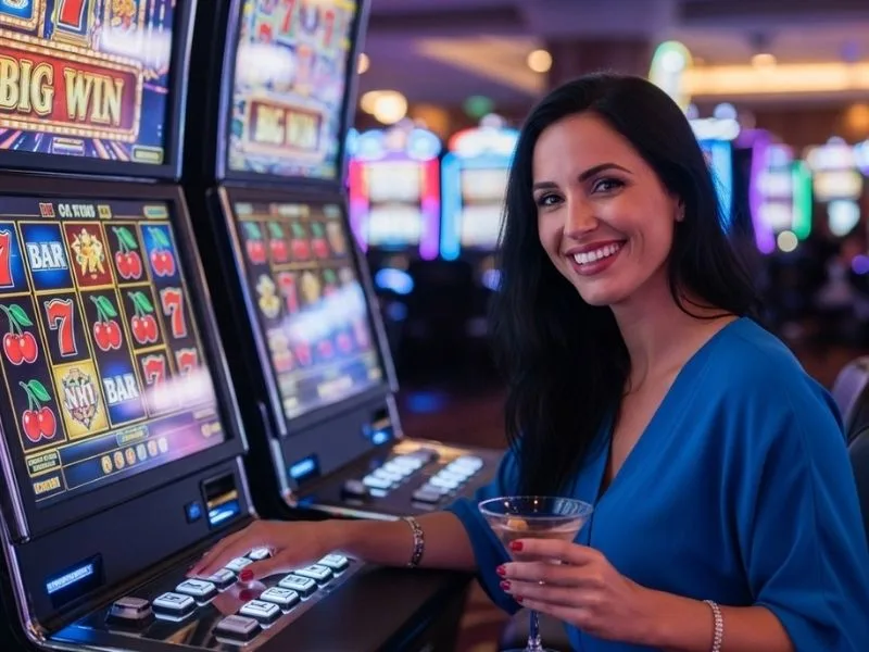 Joyful woman playing slot games in a casino with FC178 Online Casino branding in mind