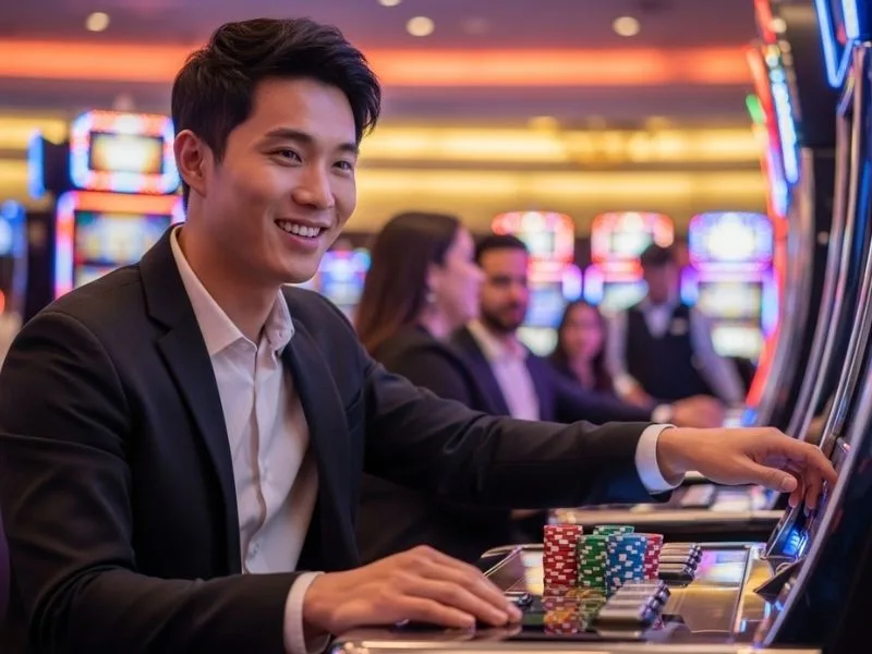 Happy man smiling while playing slot machines at a casino, enjoying the excitement of Fontana Casino.