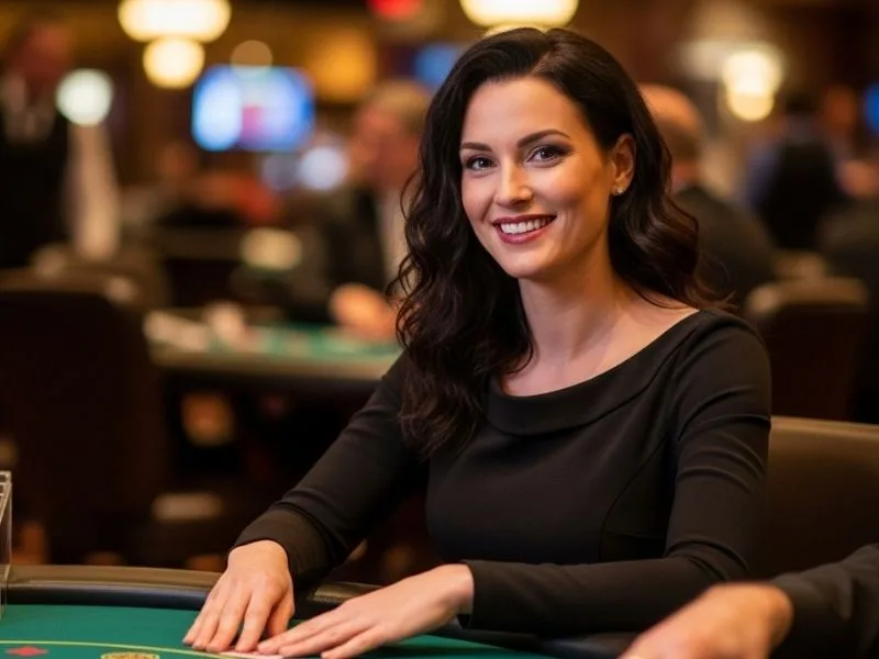 Joyful woman smiling and playing a casino game with chips, enjoying the thrill of Fontana Casino.