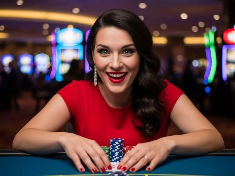 Woman happily playing poker at a casino table with chips, enjoying her game at Fontana Casino.