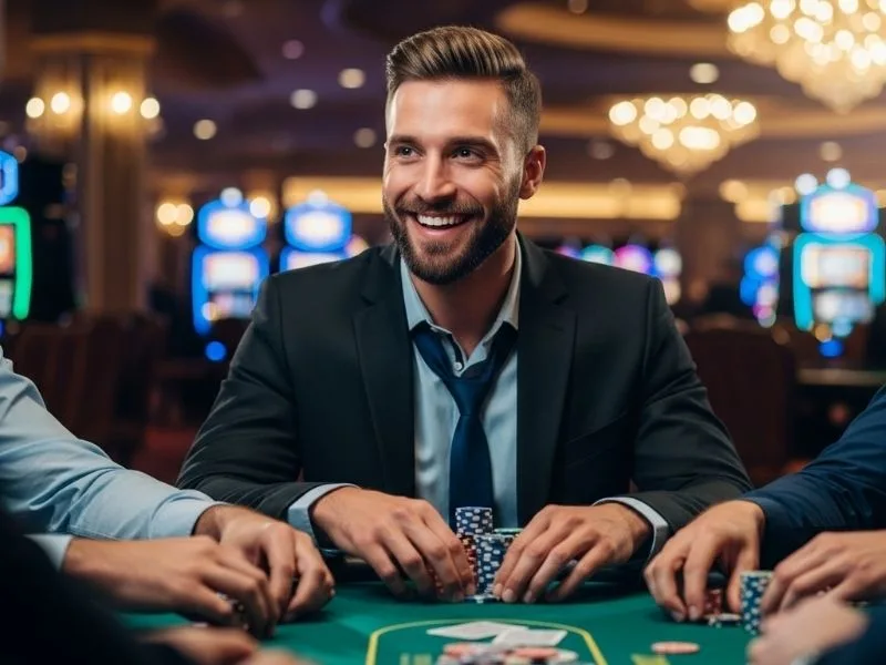 Smiling man enjoying casino games with friends at a table, inspired by Fontana Casino experience