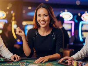 Happy woman playing casino games and smiling with chips at the table at a physical casino, representing g7bet casino experience.
