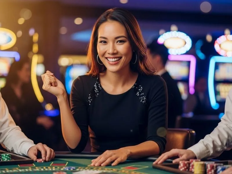 Happy woman playing casino games and smiling with chips at the table at a physical casino, representing g7bet casino experience.
