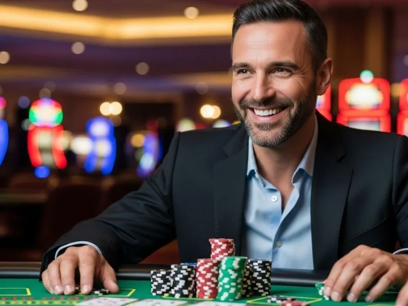 Happy man playing poker with chips at a casino table, enjoying a winning moment at G7Bet Casino.