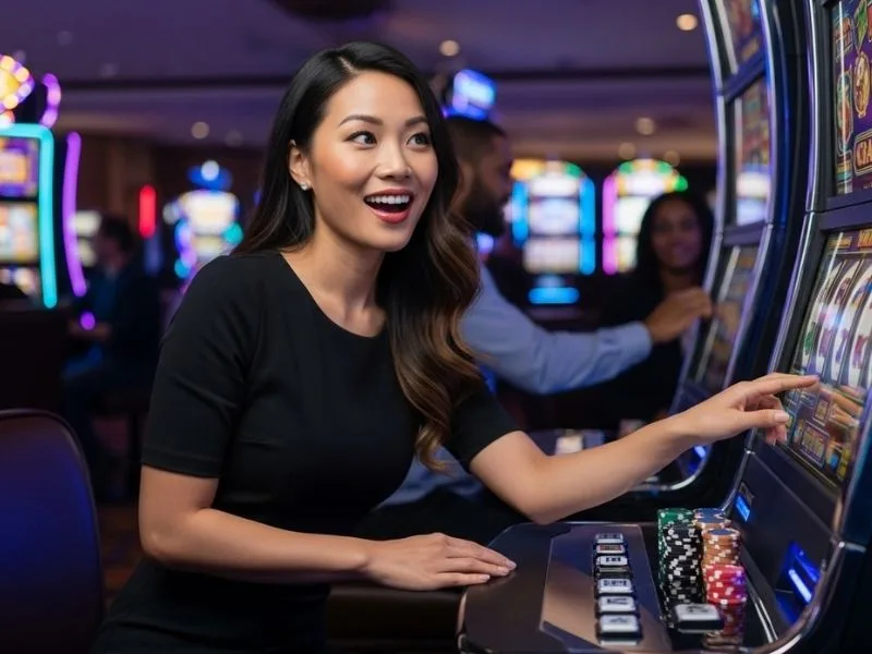Happy woman playing slot machine at a casino, enjoying her winnings with a big smile – G7Bet Casino experience.