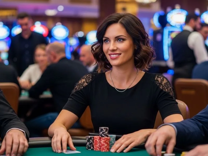 Woman happily enjoying table games at a casino, celebrating wins; related to g7bet casino login99jl casino.