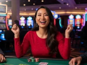 Woman happily playing poker at a casino table, enjoying her game at g7bet casino.