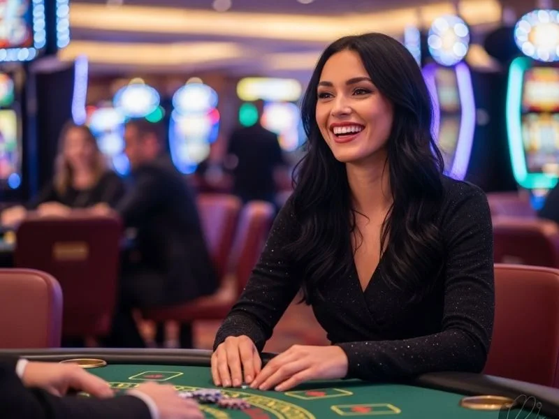 Woman laughing and enjoying herself while playing casino games, representing a fun experience similar to g7bet casino login99jl casino.