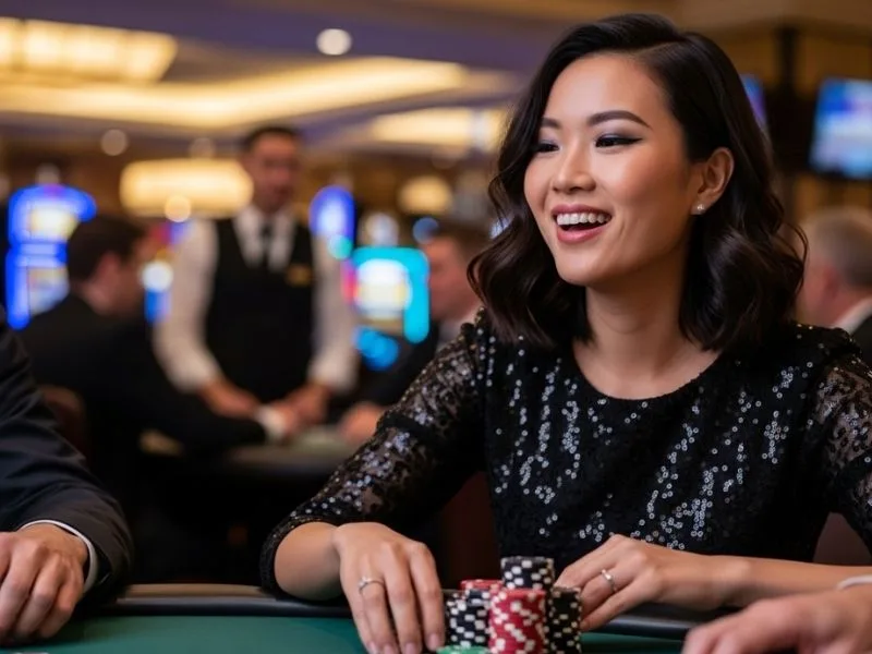 Smiling woman enjoying a casino game with chips on the table, representing g7bet casino login99jl casino experience.