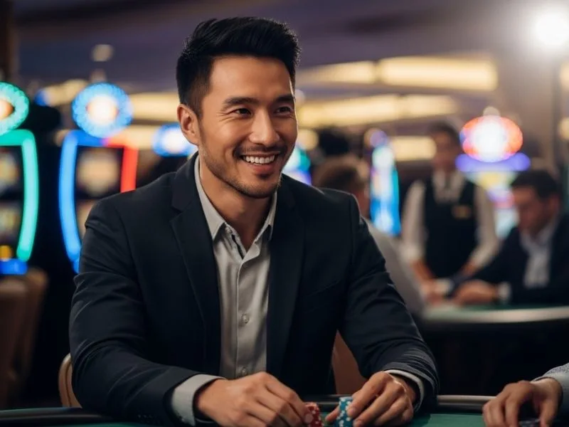 Smiling man having fun at a physical casino table, enjoying games and chips at G7Bet Casino.