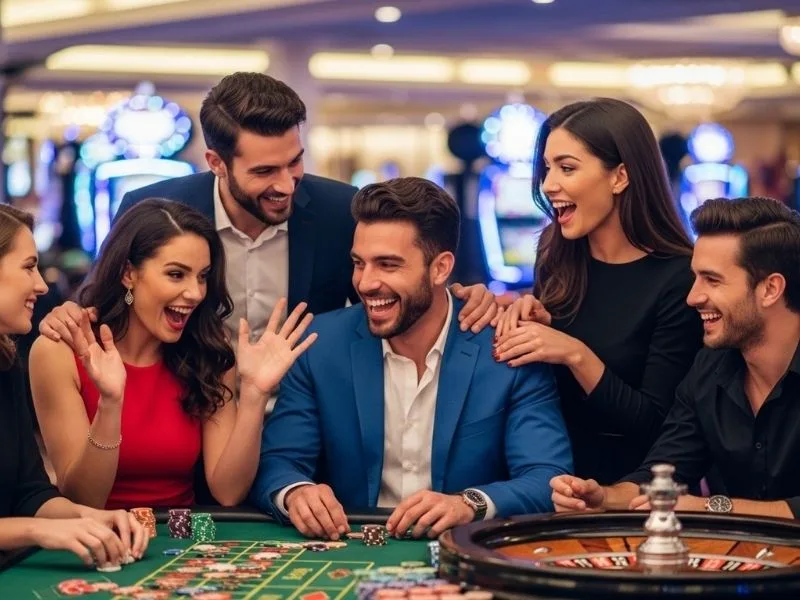 Woman happily playing roulette at a casino table, enjoying her time at GalaxyBet Casino