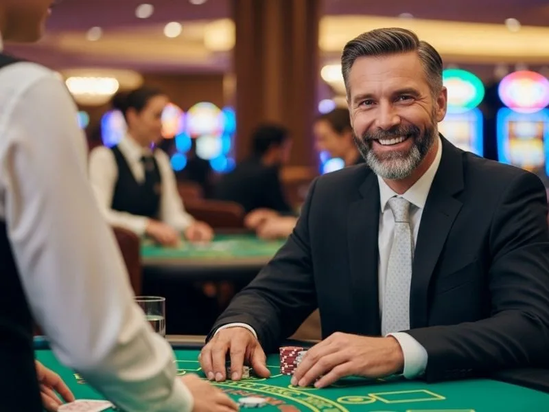 Happy elderly man smiling while playing table games at a casino, enjoying his experience with GalaxyBet Casino.