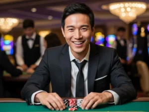 Joyful man playing a casino game with chips and cards, representing GalaxyBet Casino excitement.