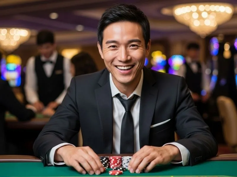 Joyful man playing a casino game with chips and cards, representing GalaxyBet Casino excitement.