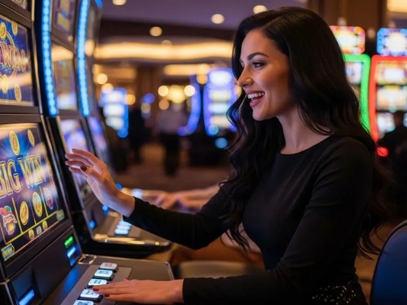 Woman happily playing a slot game in a casino, enjoying the excitement of GalaxyBet Casino.