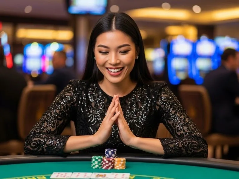 Happy woman enjoying table games at a casino, smiling with chips on the table – Golden King Casino experience.