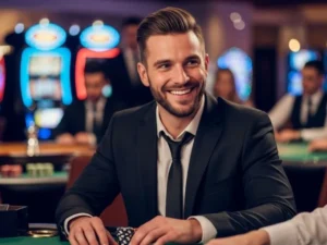 Man laughing while playing casino games at Golden King Casino