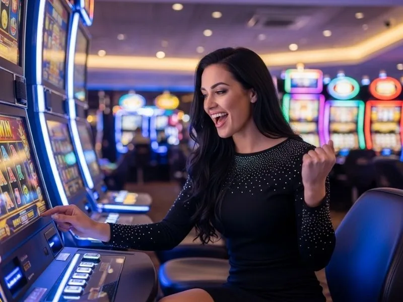 Woman happily spinning a slot machine in a physical casino, representing the thrilling experience connected to golden king casino.