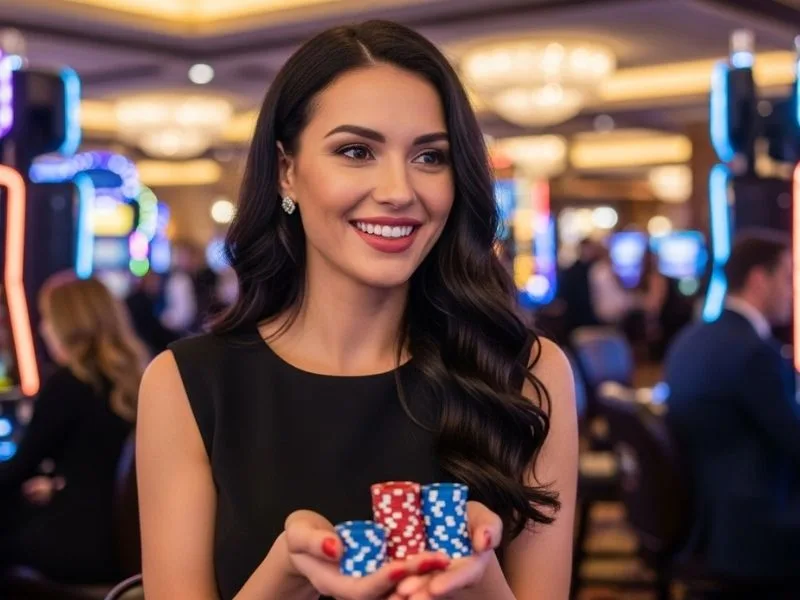 Woman smiling while holding casino chips at a physical casino table, representing the excitement associated with Golden King Casino.