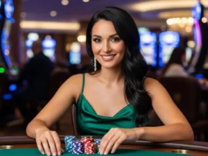 Woman happily posing with casino chips on the table at Hoya Casino