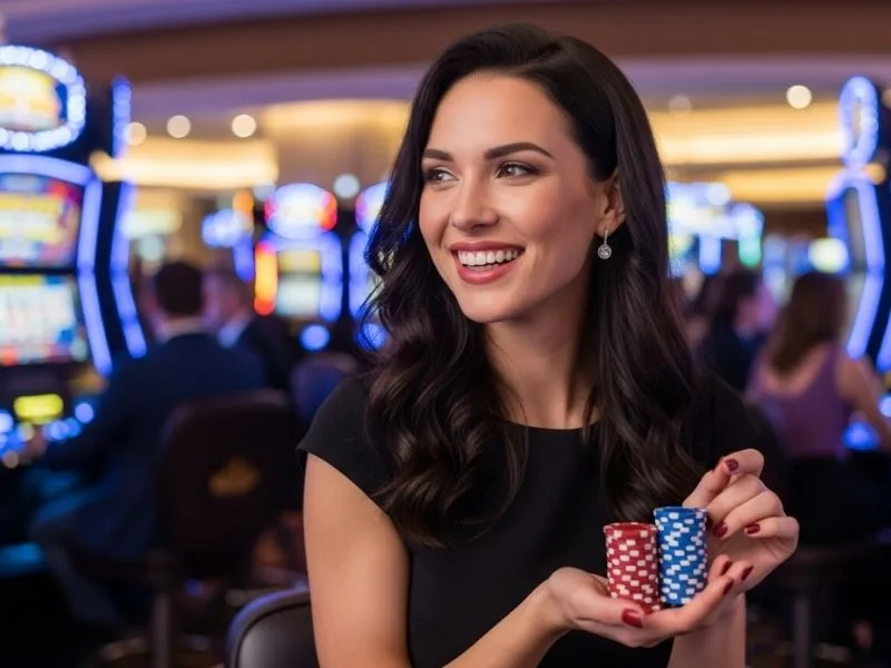 Woman smiling and holding casino chips at a table, enjoying her winnings at Hoya Casino.