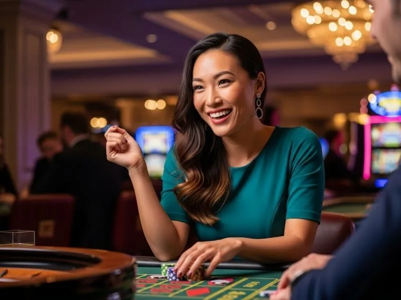 Woman happily playing roulette at a casino table, enjoying the experience of Hoya Casino.