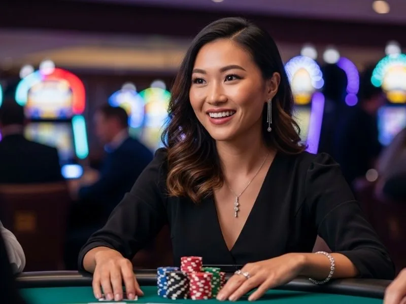 Woman smiling with casino chips on the table while enjoying a game, representing the excitement of Hoya Casino.