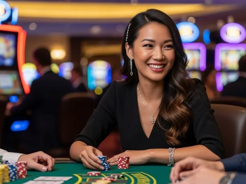 Happy woman smiling while playing a casino game at a physical casino table, enjoying her winnings with JL717 Casino vibes.