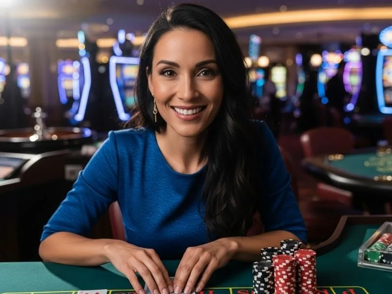 Woman happily playing a table game in a casino, enjoying her winning moment at jl717 casino.